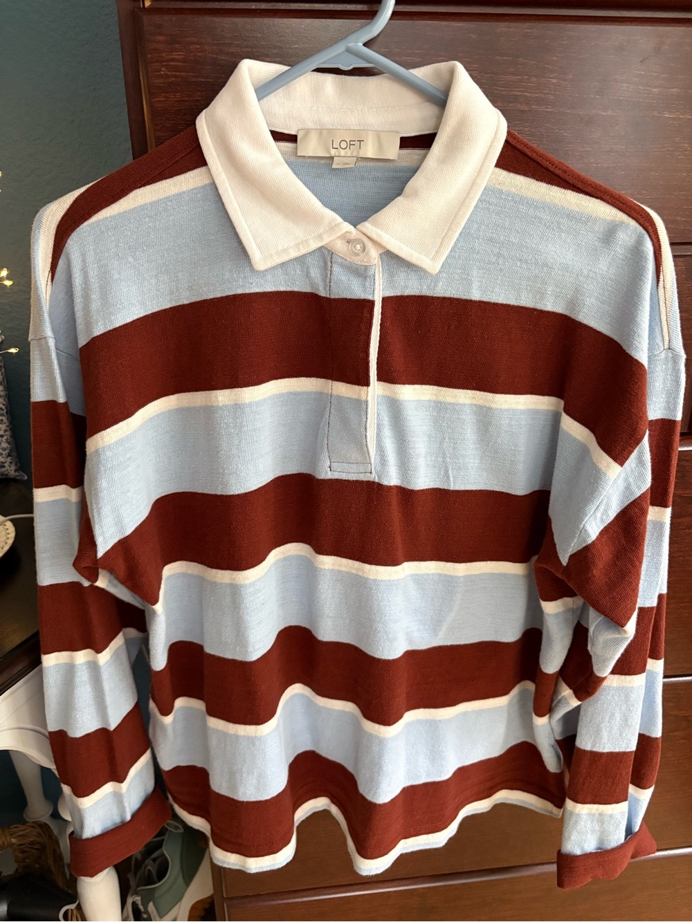 LOFT Striped Long-Sleeve Rugby Polo in Light Blue, Brown & Cream